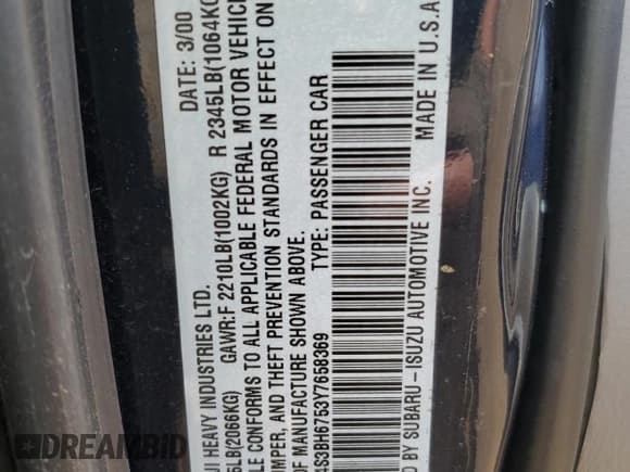 ✅ 2000 Subaru Legacy Outback • VIN: 4S3BH6753Y7658369 • Lot: 66443085. Listed on Copart with 193,372 mi. Free auction sales archive from the USA and detailed vehicle history report at DreamBid. Image 12.