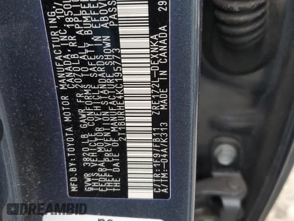 ✅ 2019 Toyota Corolla LE • VIN: 2T1BURHE4KC195773 • Lot: 86721494. Listed on Copart with 36,448 mi. Free auction sales archive from the USA and detailed vehicle history report at DreamBid. Image 12.