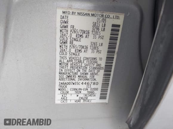 ✅ 2005 Nissan Frontier Nismo • VIN: 1N6AD07W35C446780 • Lot: 43189679. Listed on IAAI with 138,461 mi. Free auction sales archive from the USA and detailed vehicle history report at DreamBid. Image 9.