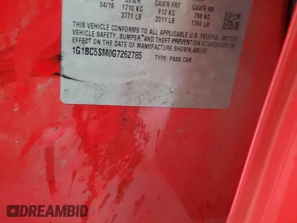 ✅ 2016 Chevrolet Cruze LS • VIN: 1G1BC5SM0G7262785 • Lot: 89926495. Listed on Copart with 140,484 mi. Free auction sales archive from the USA and detailed vehicle history report at DreamBid. Image 12.