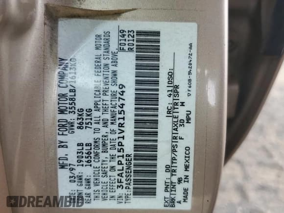 ✅ 1997 Ford Escort LX • VIN: 3FALP15P1VR154749 • Лот: 76805764. Опубликован ранее на Copart с пробегом 259 405 миль. Бесплатный доступ к архиву аукционных продаж из США и подробный отчёт об истории автомобиля на DreamBid. Изображение 12.