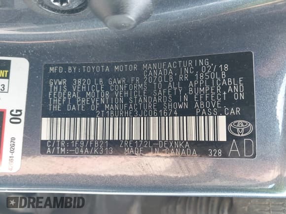 ✅ 2018 Toyota Corolla L • VIN: 2T1BURHE3JC061674 • Lot: 41813512. Listed on IAAI with 139,865 mi. Free auction sales archive from the USA and detailed vehicle history report at DreamBid. Image 9.