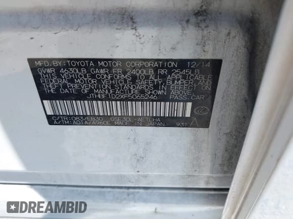 ✅ 2015 Lexus IS 250 • VIN: JTHBF1D2XF5065246 • Lot: 39541443. Listed on IAAI with Not provided. Free auction sales archive from the USA and detailed vehicle history report at DreamBid. Image 9.