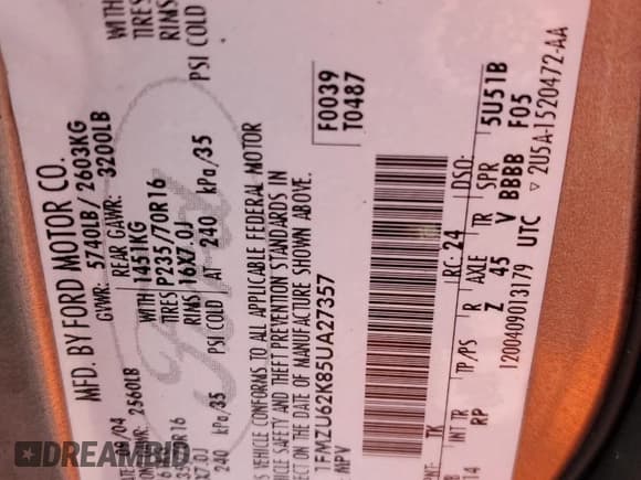 ✅ 2005 Ford Explorer XLS • VIN: 1FMZU62K85UA27357 • Lot: 85119725. Listed on Copart with 177,024 mi. Free auction sales archive from the USA and detailed vehicle history report at DreamBid. Image 13.