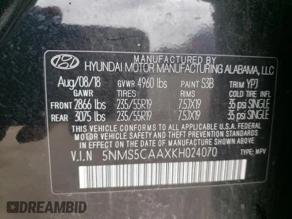 ✅ 2019 Hyundai Santa Fe Ultimate • VIN: 5NMS5CAAXKH024070 • Lot: 43233493. Wystawiony na Copart z przebiegiem 60 952 mil. Bezpłatny archiwum sprzedaży aukcyjnych z USA i szczegółowy raport historii pojazdu na DreamBid. Zdjęcie 13.