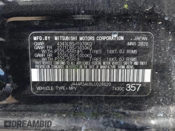 ✅ 2020 Mitsubishi Outlander ES • VIN: JA4AR3AU8LU028620 • Lot: 42176148. Listed on IAAI with 84,100 mi. Free auction sales archive from the USA and detailed vehicle history report at DreamBid. Image 9.