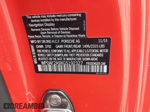 ✅ 2016 Porsche 911 GT3 RS • VIN: WP0AF2A9XGS192327 • Лот: 41565402. Опубликован ранее на IAAI с пробегом 7 489 миль. Бесплатный доступ к архиву аукционных продаж из США и подробный отчёт об истории автомобиля на DreamBid. Изображение 9.