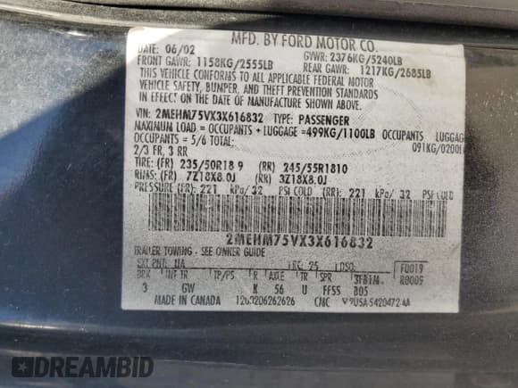 ✅ 2003 Mercury Marauder • VIN: 2MEHM75VX3X616832 • Lot: 41696555. Wystawiony na Copart z przebiegiem 132 095 mil. Bezpłatny archiwum sprzedaży aukcyjnych z USA i szczegółowy raport historii pojazdu na DreamBid. Zdjęcie 12.