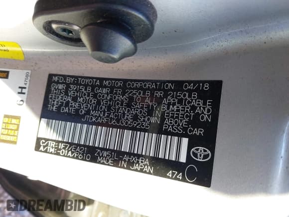 ✅ 2018 Toyota Prius Three • VIN: JTDKARFU6J3059235 • Lot: 43549408. Listed on IAAI with 44,628 mi. Free auction sales archive from the USA and detailed vehicle history report at DreamBid. Image 9.