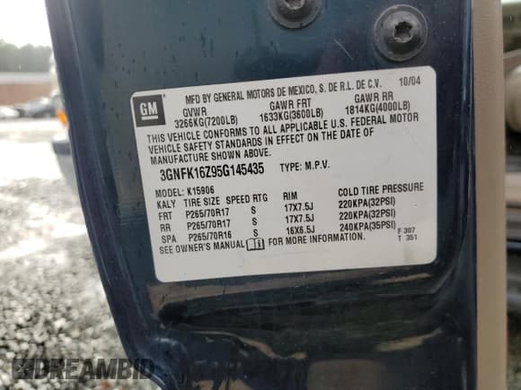 ✅ 2005 Chevrolet Suburban Z71 • VIN: 3GNFK16Z95G145435 • Lot: 83986034. Listed on Copart with 186,709 mi. Free auction sales archive from the USA and detailed vehicle history report at DreamBid. Image 13.