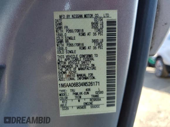 ✅ 2004 Nissan Titan LE • VIN: 1N6AA06B34N526171 • Лот: 82176104. Опубликован ранее на Copart с пробегом 103 759 миль. Бесплатный доступ к архиву аукционных продаж из США и подробный отчёт об истории автомобиля на DreamBid. Изображение 12.