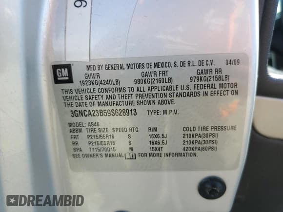 ✅ 2009 Chevrolet HHR 1LT • VIN: 3GNCA23B59S628913 • Lot: 45546075. Listed on Copart with 272,843 mi. Free auction sales archive from the USA and detailed vehicle history report at DreamBid. Image 12.