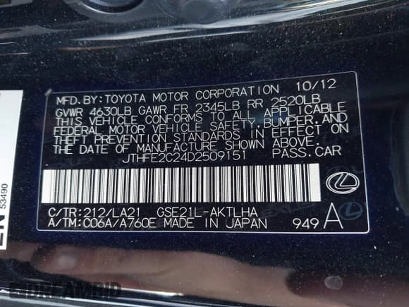 ✅ 2013 Lexus IS 350 C • VIN: JTHFE2C24D2509151 • Lot: 43777979. Listed on IAAI with 94,583 mi. Free auction sales archive from the USA and detailed vehicle history report at DreamBid. Image 9.