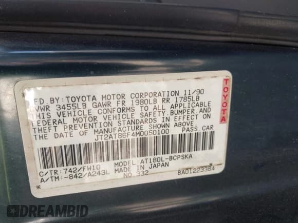 ✅ 1991 Toyota Celica • VIN: JT2AT86F4M0050100 • Lot: 41619380. Wystawiony na IAAI z przebiegiem 238 811 mil. Bezpłatny archiwum sprzedaży aukcyjnych z USA i szczegółowy raport historii pojazdu na DreamBid. Zdjęcie 9.