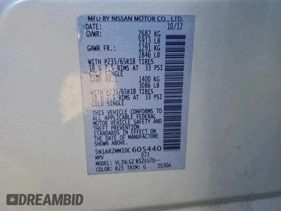 ✅ 2013 Nissan Pathfinder SL • VIN: 5N1AR2MM1DC605440 • Lot: 96122215. Listed on Copart with 134,702 mi. Free auction sales archive from the USA and detailed vehicle history report at DreamBid. Image 13.