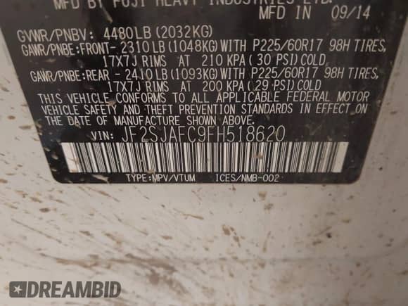 2015 Subaru Forester Premium с VIN JF2SJAFC9FH518620, выставлен на аукционе IAAI как лот 42855712 с пробегом 231 372 миль миль и . История ставок и продаж доступна на DreamBid. Изображение 9.