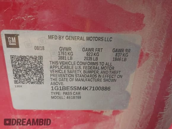 ✅ 2019 Chevrolet Cruze LT • VIN: 1G1BE5SM4K7100886 • Lot: 43227668. Listed on IAAI with 127,461 mi. Free auction sales archive from the USA and detailed vehicle history report at DreamBid. Image 9.