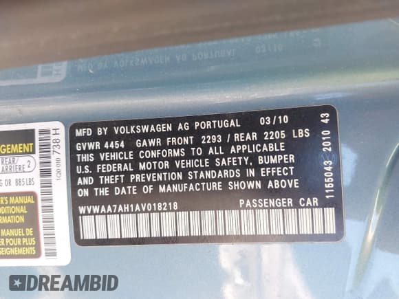 ✅ 2010 Volkswagen Eos • VIN: WVWAA7AH1AV018218 • Лот: 43142624. Опубликован ранее на IAAI с пробегом 264 512 миль. Бесплатный доступ к архиву аукционных продаж из США и подробный отчёт об истории автомобиля на DreamBid. Изображение 9.