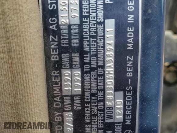 ✅ 1987 Mercedes-Benz 300 D • VIN: WDBEB33D6HA389411 • Lot: 80513135. Listed on Copart with 183,310 mi. Free auction sales archive from the USA and detailed vehicle history report at DreamBid. Image 12.