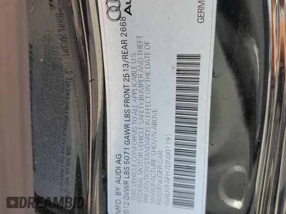 ✅ 2013 Audi A5 Prestige • VIN: WAUVFAFH7DN001191 • Лот: 84808875. Опубликован ранее на Copart с пробегом 155 899 миль. Бесплатный доступ к архиву аукционных продаж из США и подробный отчёт об истории автомобиля на DreamBid. Изображение 13.