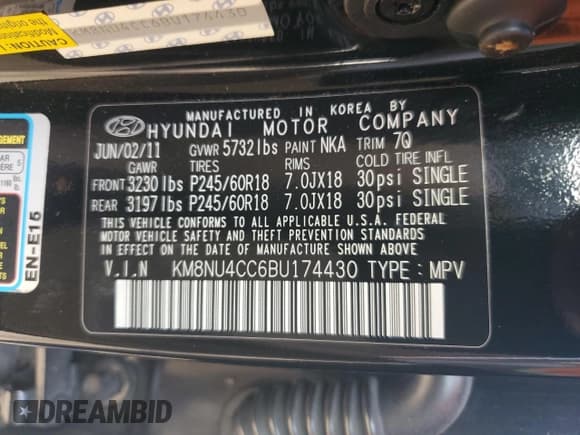 ✅ 2011 Hyundai Veracruz Limited • VIN: KM8NU4CC6BU174430 • Lot: 84798815. Listed on Copart with 92,602 mi. Free auction sales archive from the USA and detailed vehicle history report at DreamBid. Image 13.