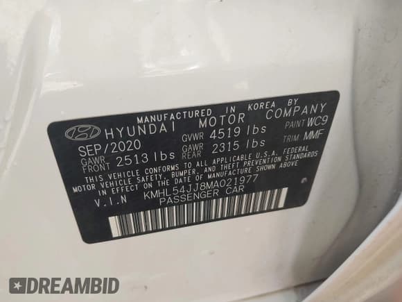 ✅ 2021 Hyundai Sonata Limited • VIN: KMHL54JJ8MA021977 • Lot: 43309202. Listed on IAAI with 127,880 mi. Free auction sales archive from the USA and detailed vehicle history report at DreamBid. Image 9.