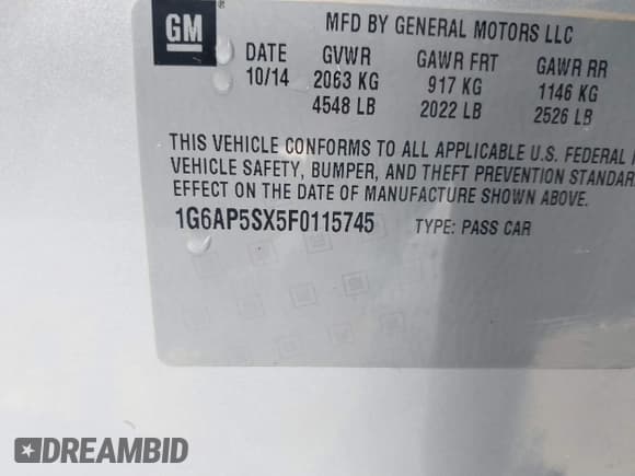 ✅ 2015 Cadillac CTS RWD • VIN: 1G6AP5SX5F0115745 • Lot: 41658935. Listed on IAAI with 62,477 mi. Free auction sales archive from the USA and detailed vehicle history report at DreamBid. Image 9.