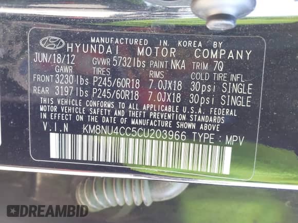 2012 Hyundai Veracruz Limited z VIN KM8NU4CC5CU203966, wystawiony jako IAAI lot #41405622 z przebiegiem 150 938 mil mil oraz . Historia ofert i sprzedaży dostępna na DreamBid. Obrazek 9.