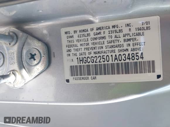 2001 Honda Accord EX с VIN 1HGCG22501A034854, выставлен на аукционе IAAI как лот 42784374 с пробегом 234 824 миль миль и . История ставок и продаж доступна на DreamBid. Изображение 9.