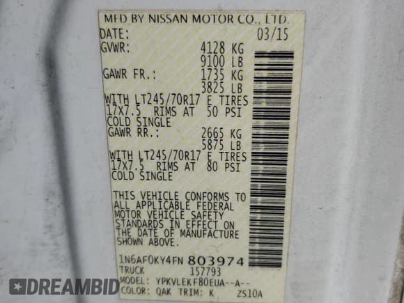 ✅ 2015 Nissan NV Cargo SL • VIN: 1N6AF0KY4FN803974 • Lot: 69755115. Wystawiony na Copart z przebiegiem 217 629 mil. Bezpłatny archiwum sprzedaży aukcyjnych z USA i szczegółowy raport historii pojazdu na DreamBid. Zdjęcie 13.