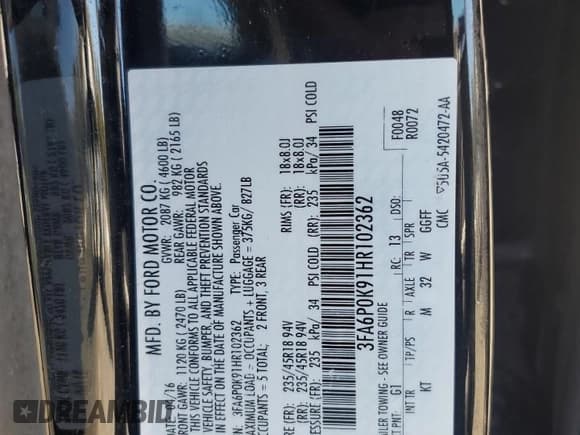 ✅ 2017 Ford Fusion Titanium • VIN: 3FA6P0K91HR102362 • Lot: 87445665. Wystawiony na Copart z przebiegiem 67 893 mil. Bezpłatny archiwum sprzedaży aukcyjnych z USA i szczegółowy raport historii pojazdu na DreamBid. Zdjęcie 12.