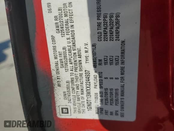 1999 Chevrolet Blazer LS z VIN 1GNDT13WXX2244937, wystawiony jako Copart lot #74332364 z przebiegiem Nie podano mil oraz Szkoda całkowita • Salvage title. Historia ofert i sprzedaży dostępna na DreamBid. Obrazek 15.