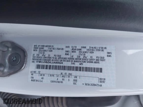 ✅ 2020 Ford Escape SE Sport Hybrid • VIN: 1FMCU9BZ4LUA80624 • Lot: 42812421. Listed on IAAI with 88,503 mi. Free auction sales archive from the USA and detailed vehicle history report at DreamBid. Image 9.