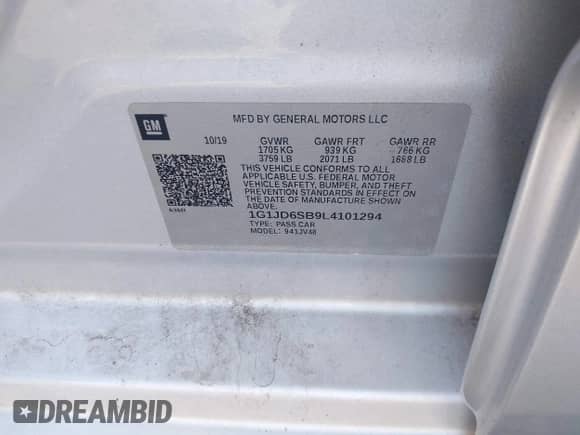 2020 Chevrolet Sonic LT с VIN 1G1JD6SB9L4101294, выставлен на аукционе IAAI как лот 42994625 с пробегом 37 083 миль миль и . История ставок и продаж доступна на DreamBid. Изображение 9.