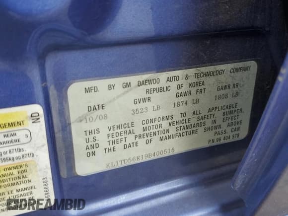 ✅ 2009 Chevrolet Aveo 1LT • VIN: KL1TD56E19B400515 • Lot: 49006915. Wystawiony na Copart z przebiegiem Nie podano. Bezpłatny archiwum sprzedaży aukcyjnych z USA i szczegółowy raport historii pojazdu na DreamBid. Zdjęcie 15.