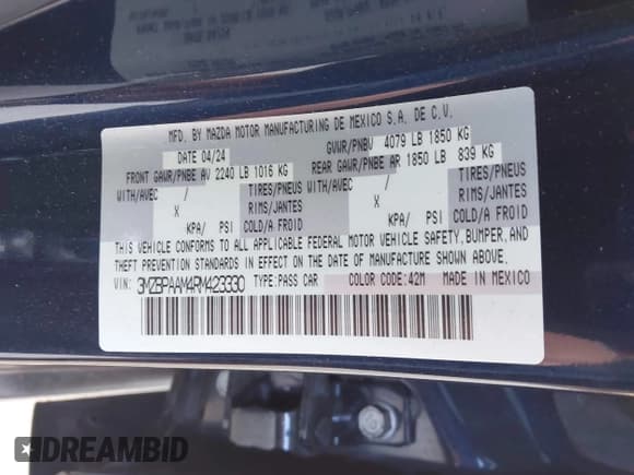 ✅ 2024 Mazda 3 S • VIN: 3MZBPAAM4RM423330 • Lot: 41582454. Listed on IAAI with 12,604 mi. Free auction sales archive from the USA and detailed vehicle history report at DreamBid. Image 9.