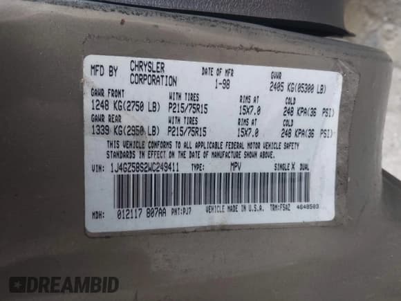 ✅ 1998 Jeep Grand Cherokee Laredo • VIN: 1J4GZ58S2WC249411 • Lot: 43873044. Listed on IAAI with 141,015 mi. Free auction sales archive from the USA and detailed vehicle history report at DreamBid. Image 9.