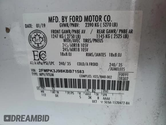 ✅ 2019 Ford Edge SEL • VIN: 2FMPK3J98KBB71583 • Lot: 92847275. Listed on Copart with 79,640 mi. Free auction sales archive from the USA and detailed vehicle history report at DreamBid. Image 12.