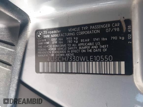 1998 BMW 3 Series Z3 1.9 with VIN 4USCH7330WLE10550, listed as a IAAI auction lot 43333873 with 84,380 mi miles and . Bid and sale history available at DreamBid. Image 9.