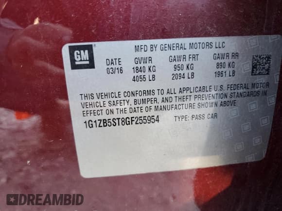 ✅ 2016 Chevrolet Malibu LS • VIN: 1G1ZB5ST8GF255954 • Lot: 82364425. Listed on Copart with 109,578 mi. Free auction sales archive from the USA and detailed vehicle history report at DreamBid. Image 12.