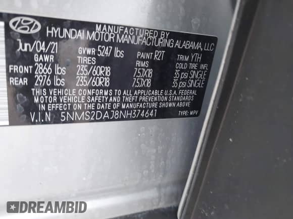 2022 Hyundai Santa Fe SEL z VIN 5NMS2DAJ8NH374641, wystawiony jako IAAI lot #42914061 z przebiegiem Nie podano mil oraz . Historia ofert i sprzedaży dostępna na DreamBid. Obrazek 9.