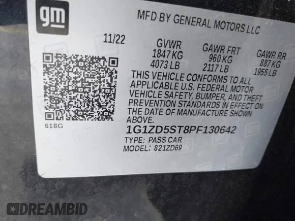 ✅ 2023 Chevrolet Malibu LT • VIN: 1G1ZD5ST8PF130642 • Lot: 43420064. Listed on IAAI with 89,001 mi. Free auction sales archive from the USA and detailed vehicle history report at DreamBid. Image 9.