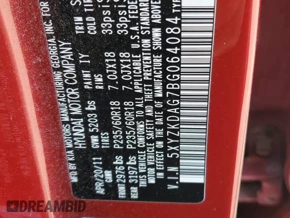 2011 Hyundai Santa Fe Limited с VIN 5XYZKDAG7BG064084, выставлен на аукционе Copart как лот 70747044 с пробегом 105 053 миль миль и Списание • Salvage title. История ставок и продаж доступна на DreamBid. Изображение 13.