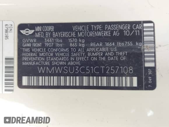 2012 MINI Hardtop with VIN WMWSU3C51CT257108, listed as a IAAI auction lot 43577965 with 127,914 mi miles and . Bid and sale history available at DreamBid. Image 9.