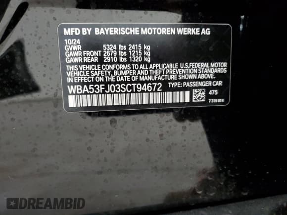 ✅ 2025 BMW 5 Series 530i xDrive • VIN: WBA53FJ03SCT94672 • Lot: 43429475. Listed on Copart with 1,904 mi. Free auction sales archive from the USA and detailed vehicle history report at DreamBid. Image 13.