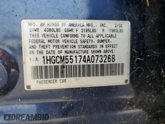 ✅ 2004 Honda Accord DX • VIN: 1HGCM55174A073268 • Lot: 82824364. Listed on Copart with 203,458 mi. Free auction sales archive from the USA and detailed vehicle history report at DreamBid. Image 12.