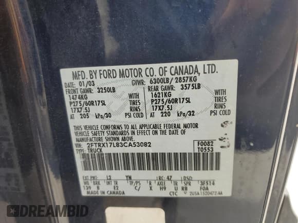 ✅ 2003 Ford F-150 XL • VIN: 2FTRX17L83CA53082 • Лот: 63836305. Опубликован ранее на Copart с пробегом 219 269 миль. Бесплатный доступ к архиву аукционных продаж из США и подробный отчёт об истории автомобиля на DreamBid. Изображение 12.