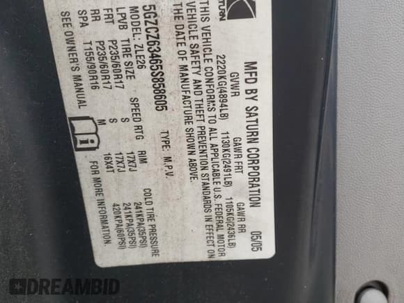 ✅ 2005 Saturn VUE • VIN: 5GZCZ63465S858605 • Lot: 87466284. Wystawiony na Copart z przebiegiem 265 836 mil. Bezpłatny archiwum sprzedaży aukcyjnych z USA i szczegółowy raport historii pojazdu na DreamBid. Zdjęcie 16.