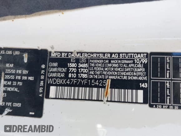 ✅ 2000 Mercedes-Benz SLK 230 Kompressor • VIN: WDBKK47F7YF154250 • Lot: 43209358. Listed on IAAI with 142,003 mi. Free auction sales archive from the USA and detailed vehicle history report at DreamBid. Image 9.