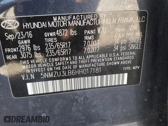 ✅ 2017 Hyundai Santa Fe 2.4L • VIN: 5NMZU3LB6HH017181 • Lot: 86410045. Listed on Copart with 87,760 mi. Free auction sales archive from the USA and detailed vehicle history report at DreamBid. Image 13.